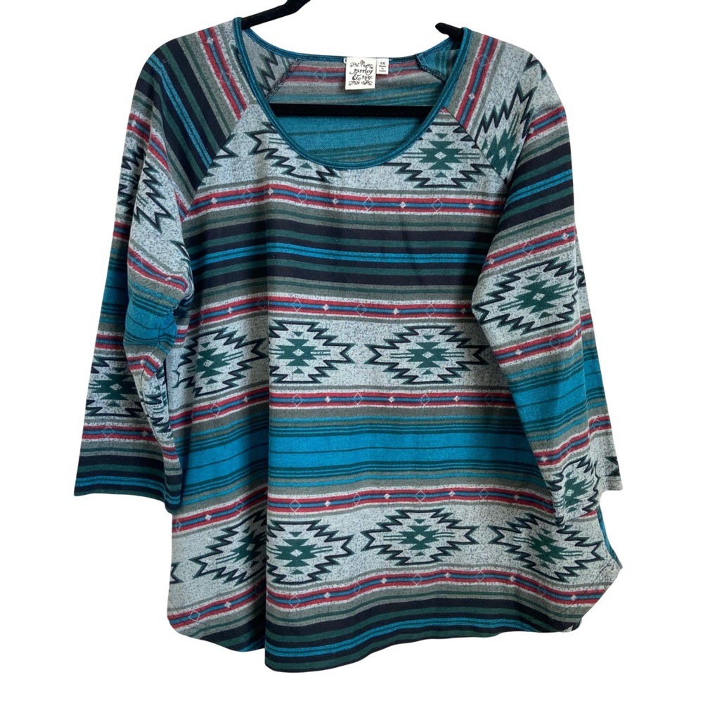 Parsley & Sage Southwestern Geometric Knit Top Teal Blue 3/4 Sleeve Size 1X